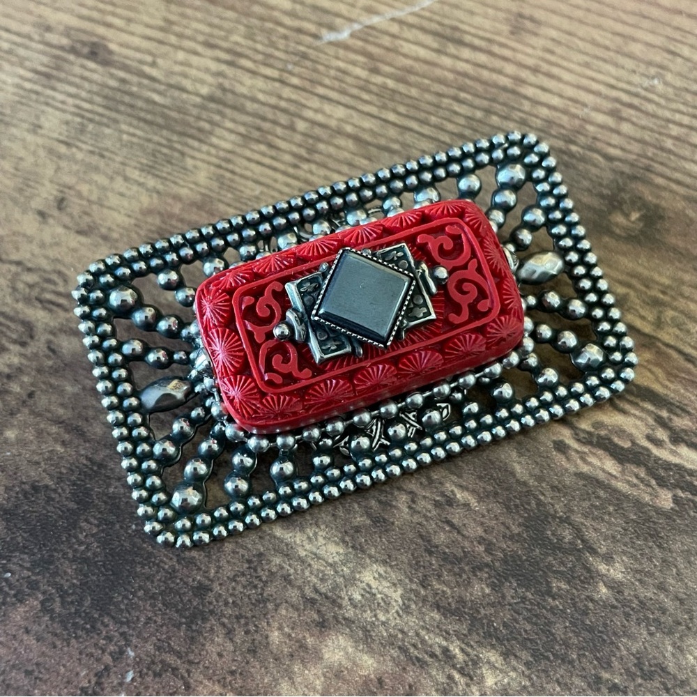 Vintage Jan Michaels Brooch Art Deco Revival Cinnabar Hematite Silver Tone Pin